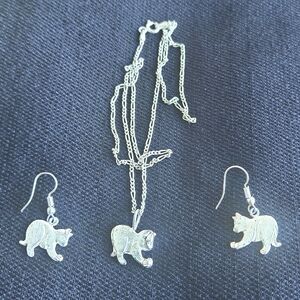 3 pc Silver Kitty Cat Necklace and Dangle Earring Set - Marked .925